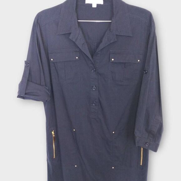Ellen Tracy Shirt Dress Sz 14 Navy Tab Sleeves Gold Metal Button Front Lagenlook - Picture 3 of 9